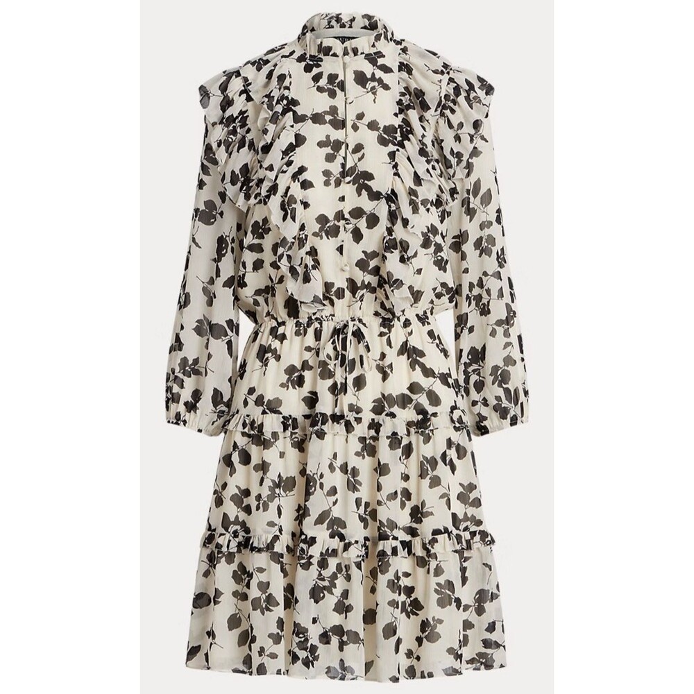 Ralph Lauren Women’s (Black Label) Leaf-Print Ruffle-Trim Georgette Dress  Sz 2